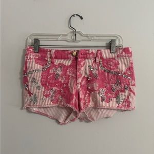Juicy Couture pink low rise bejeweled denim shorts